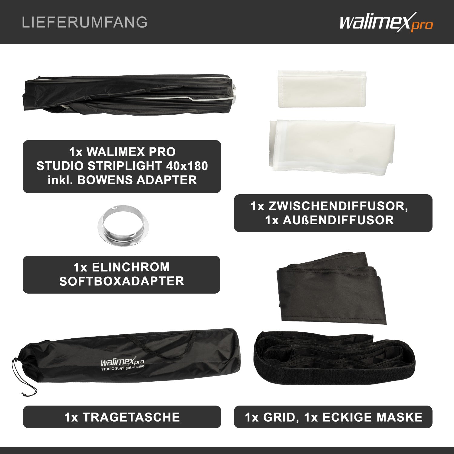 Studio Striplight Softbox 40x180cm + adattatore softbox per Elinchrom (diametro esterno: 15,2 cm), facile da montare grazie alla funzione ombrello, include griglia, maschera, adattatore