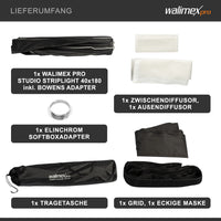Studio Striplight Softbox 40x180cm + adattatore softbox per Elinchrom (diametro esterno: 15,2 cm), facile da montare grazie alla funzione ombrello, include griglia, maschera, adattatore