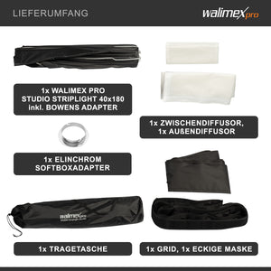 Studio Striplight Softbox 40x180cm + adattatore softbox per Elinchrom (diametro esterno: 15,2 cm), facile da montare grazie alla funzione ombrello, include griglia, maschera, adattatore