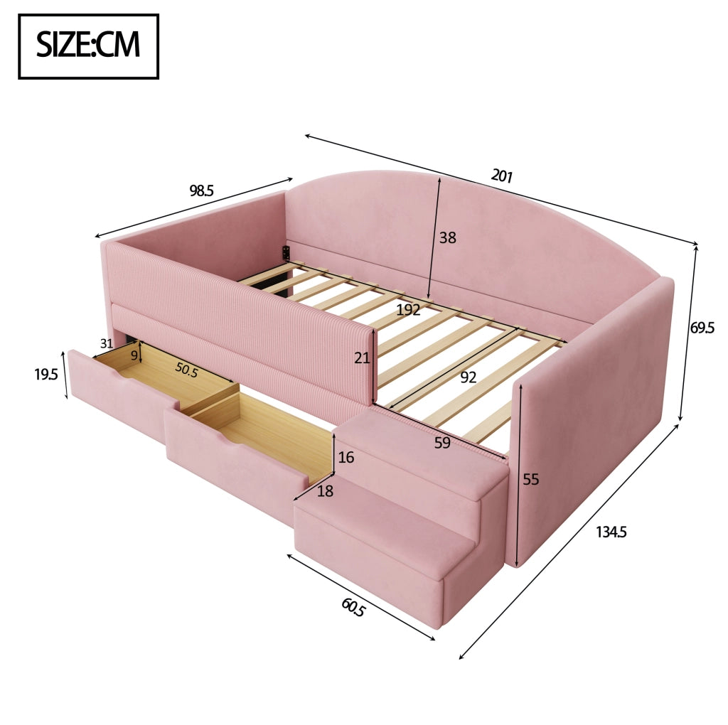 Letto imbottito per bambini 90x190 cm rosa con cassetti