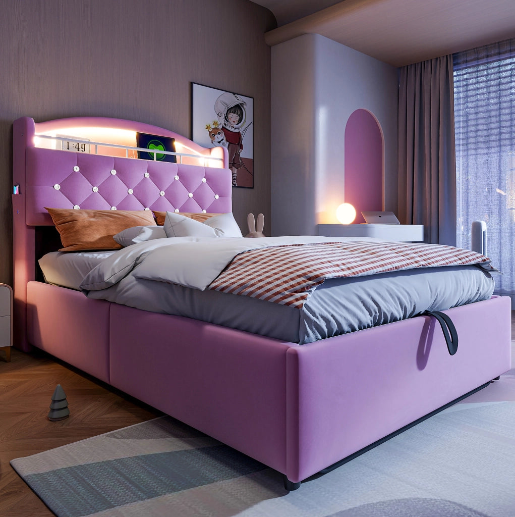 Letto imbottito per bambini 90x200 cm con contenitore; LED; USB e portaoggetti; rosa
