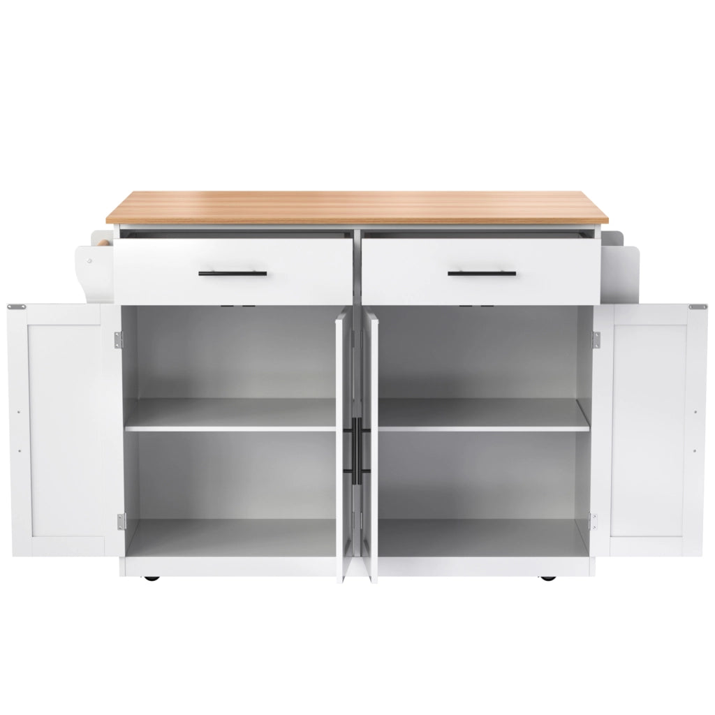 Isola da Cucina Mobile 120x46/70x91 cm Bianca con Piano Ribaltabile; 2 Cassetti; Ruote e Gambe in Legno