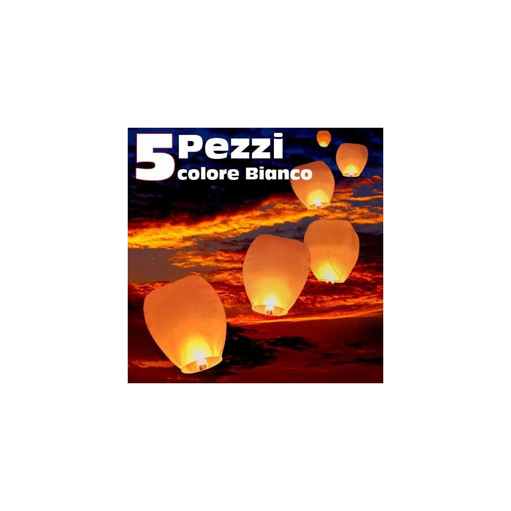 Trade Shop - Set 5 Lanterne Sky Volanti Bianche Cinesi Cielo Bianco Festa Notturno Matrimonio -