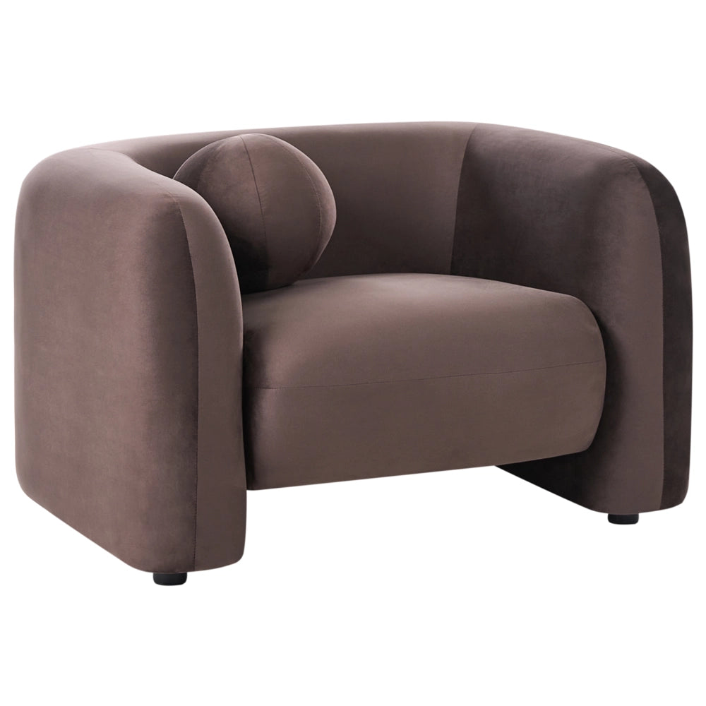 Poltrona in velluto marrone scuro con cuscino rotondo stile glamour retrò soggiorno