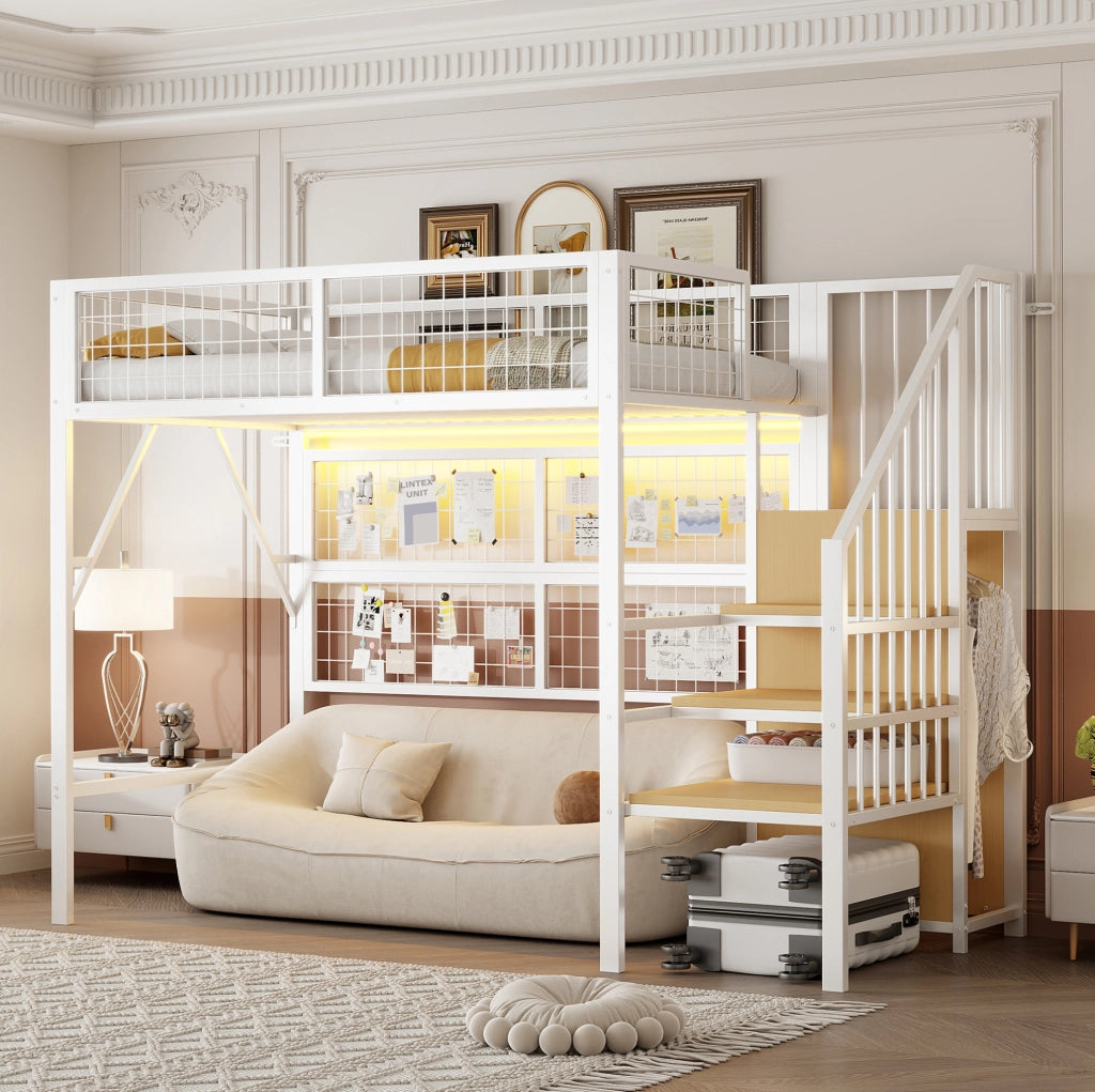 Letto a soppalco 90x200 cm con LED app e scala contenitore