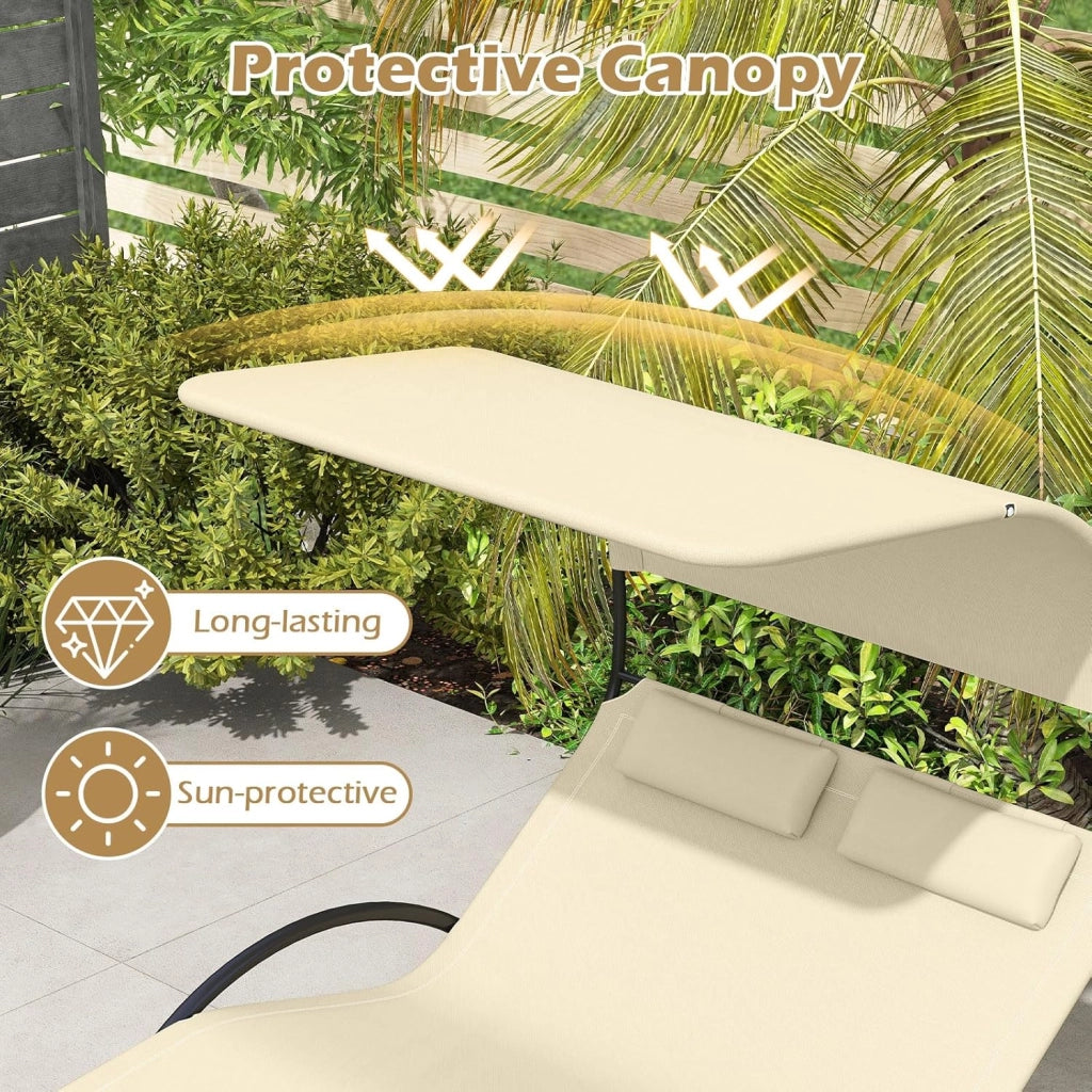 Poltrona a Dondolo Doppia, Lettino a Dondolo con Tettoia, Cuscini Poggiatesta, Braccioli e Struttura in Metallo, Lettino a Dondolo per Patio, Cortile, Bordo Piscina (Beige)
