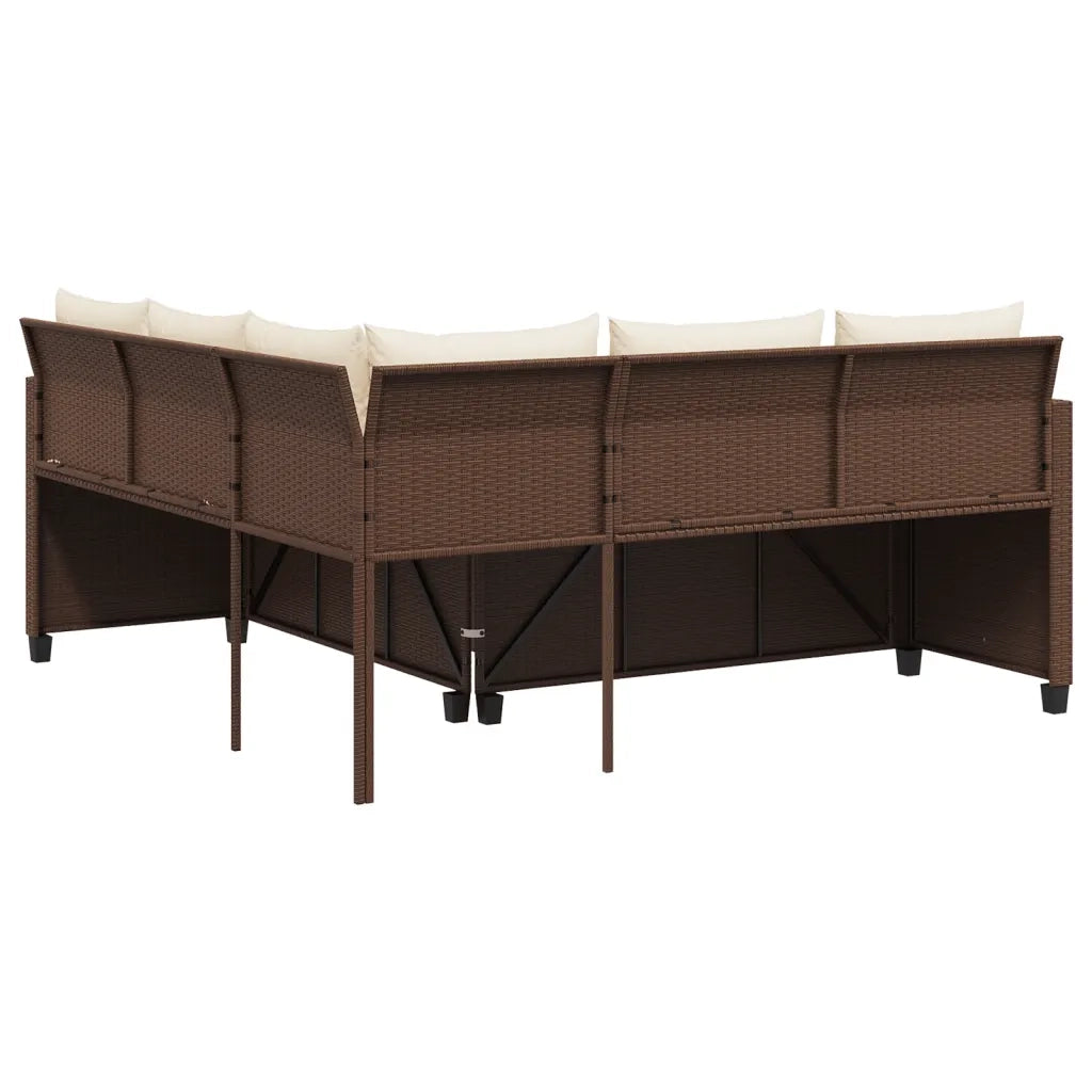 Divano da Giardino con Tavolo e Cuscini a L Marrone Polyrattan 369040