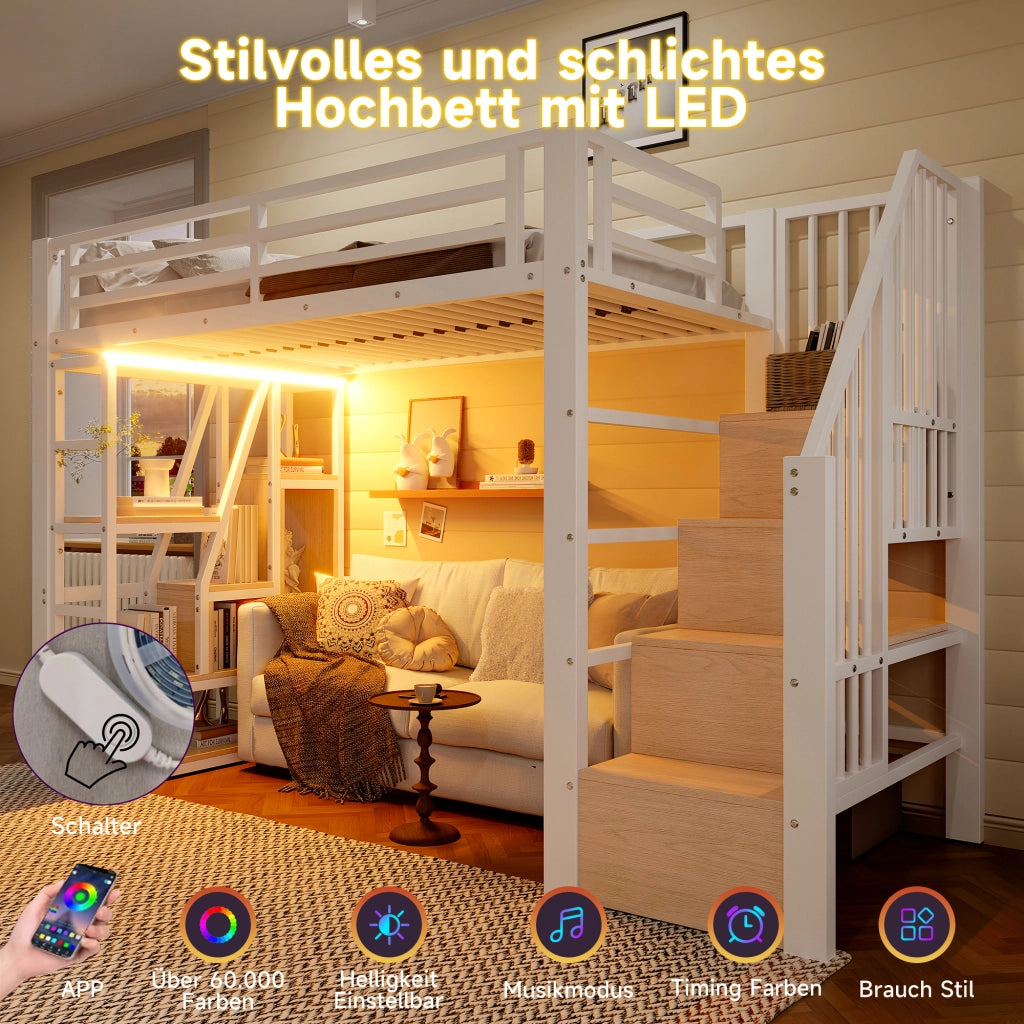Letto a soppalco bianco 90x200 cm in acciaio e MDF con luci LED, ripiani, gradini contenitore e sponde
