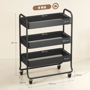 Carrello da cucina ULEVR 64,5x34x87 cm con 3 cestelli e 4 ruote, metallo nero