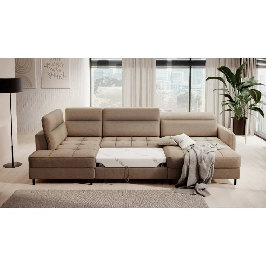 Divano angolare convertibile BERTHO 306 cm marrone chiaro chenille - Angolo destro con contenitore