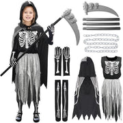 Costume per bambina Halloween - Abito da scheletro - Cappuccio e mantello - Manopole da scheletro - Calze da scheletro - Materiale in poliestere soffice - Costume horror