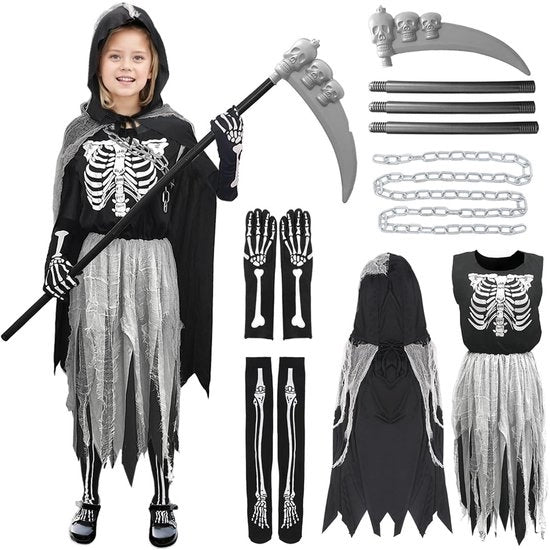 Costume per bambina Halloween - Abito da scheletro - Cappuccio e mantello - Manopole da scheletro - Calze da scheletro - Materiale in poliestere soffice - Costume horror