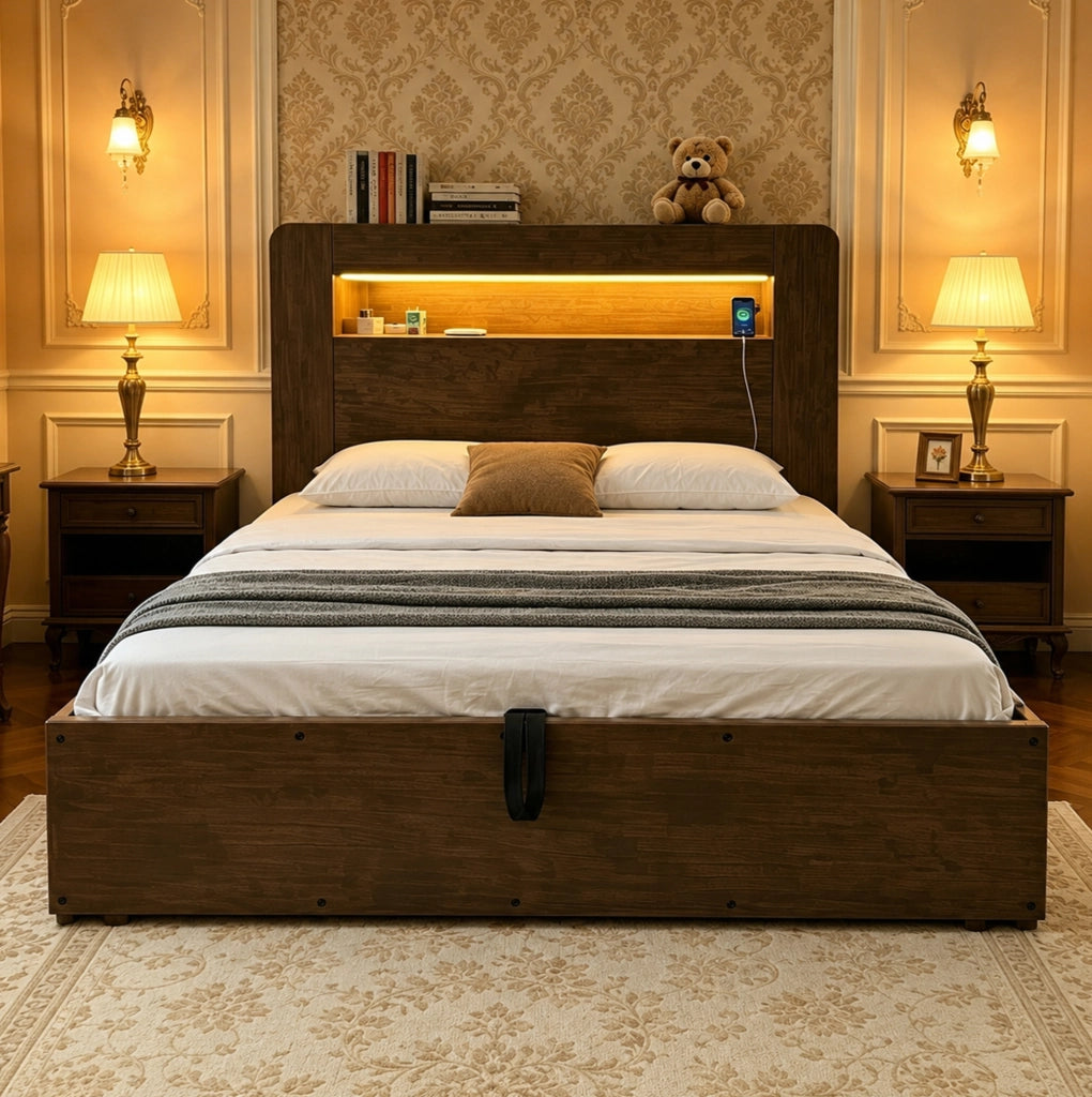 Letto 140x200 cm con contenitore idraulico; LED e prese in legno colore naturale