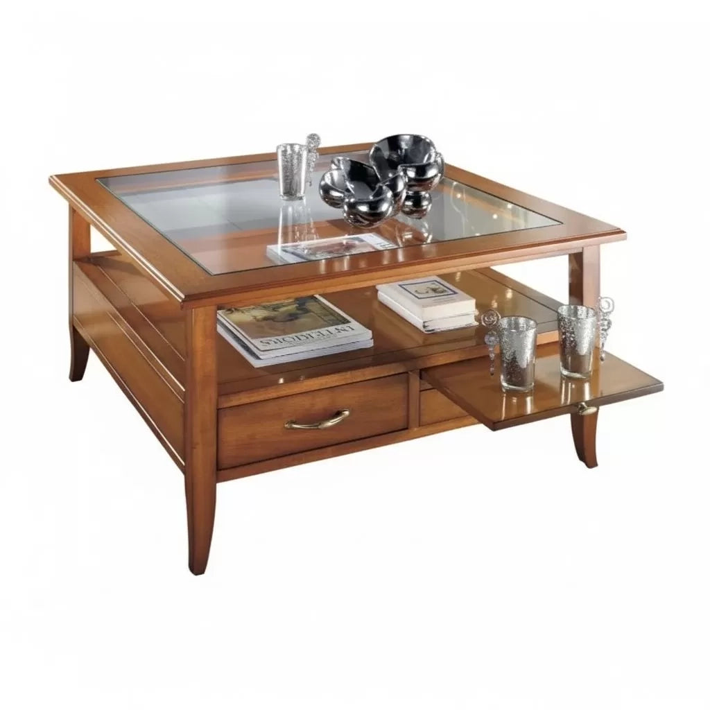 Tavolino quadrato classico 2 cassetti 2 tiretti legno noce bassano 90x90x48 - Mobili 2G