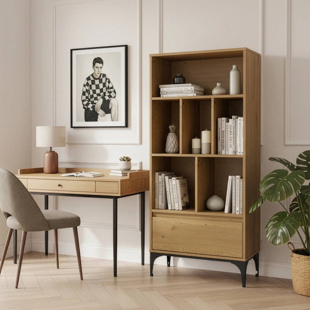 Libreria Kistiandi con 6 Vani Aperti e Cassetto 137 x 60 x 35 cm - Effetto Rovere Scuro [en.casa]
