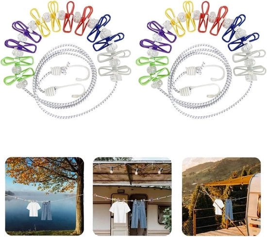 Linea da Stendino Portatile 2 Pezzi con 12 Pezzi di Clip Colorati - Linea da Stendino Regolabile per Viaggi - Linea Elastiche Ritirabile per Interno e Esterno (Colorati)