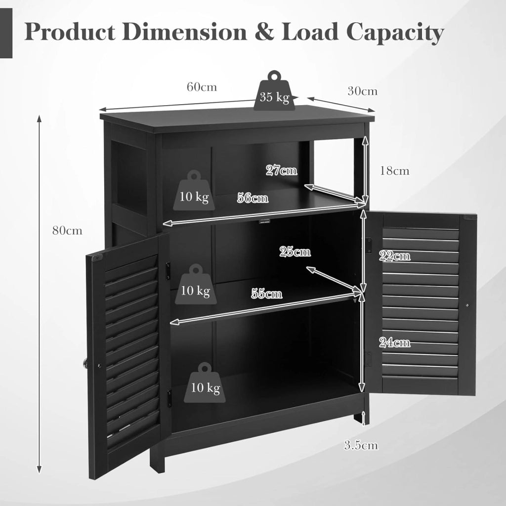 Armadietto da bagno, in legno, con ripiano regolabile in altezza, credenza con 2 ante persiane, mobile per bagno, cucina (nero)
