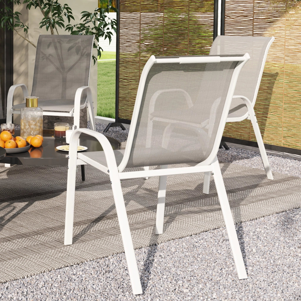 Set 4 Sedie da Giardino 54x71x93 cm Impilabili con Braccioli Curvi in Acciaio e Tessuto Traspirante Grigio Bianco
