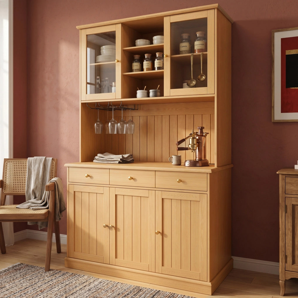 Credenza buffet alta 120x40x191 cm in legno naturale con ante in vetro; prese USB e schuko