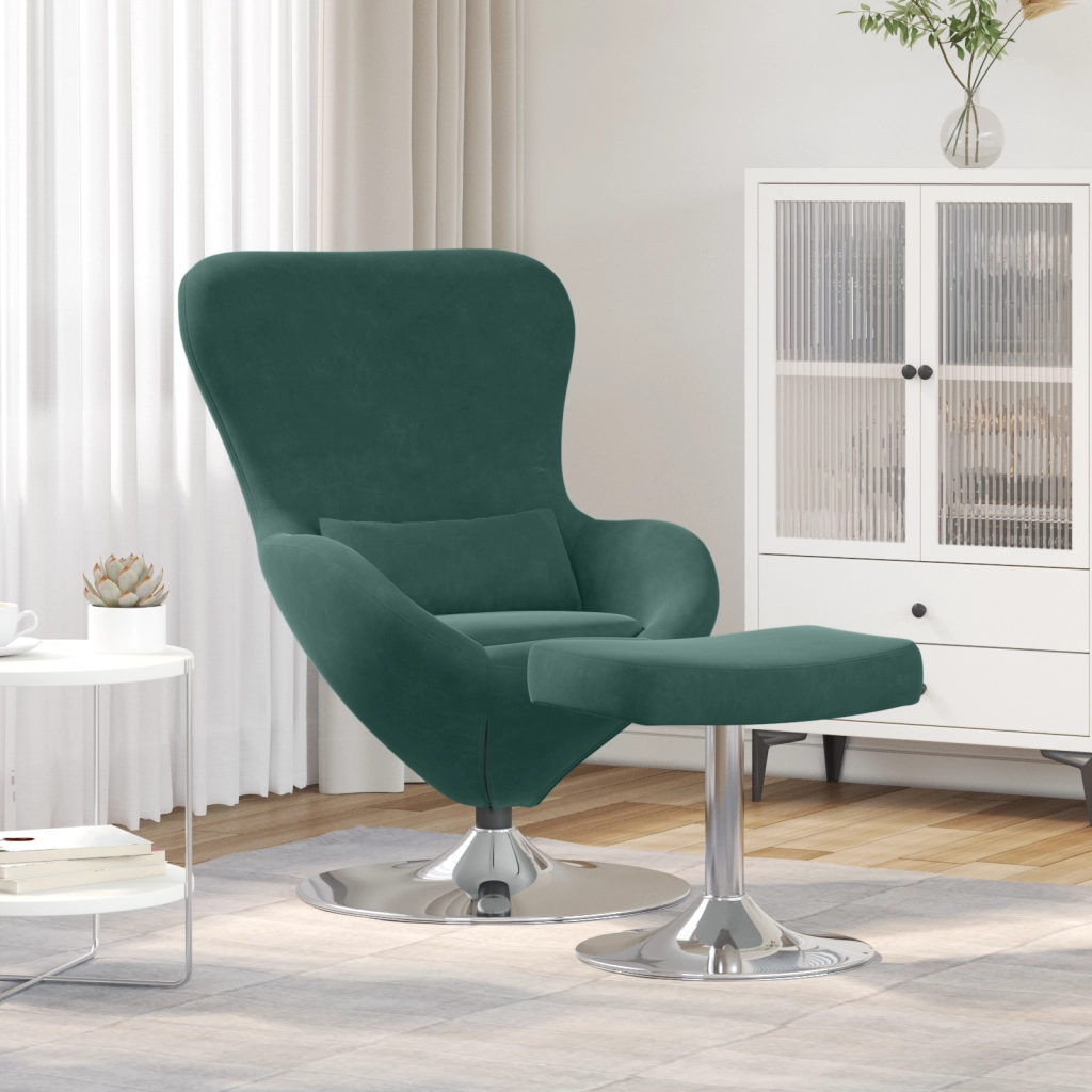 Poltrona a Uovo con Pouf in Velluto Verde Scuro