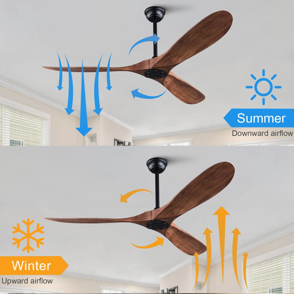 Ventilatore da soffitto 52 pollici senza luce; reversibile; con telecomando; nero e noce scuro