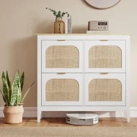 Mobile Scarpiera per 20 Paia di Scarpe con 4 Cassetti Ribaltabili in Legno e Rattan, 105x24x95,5 cm, Bianco