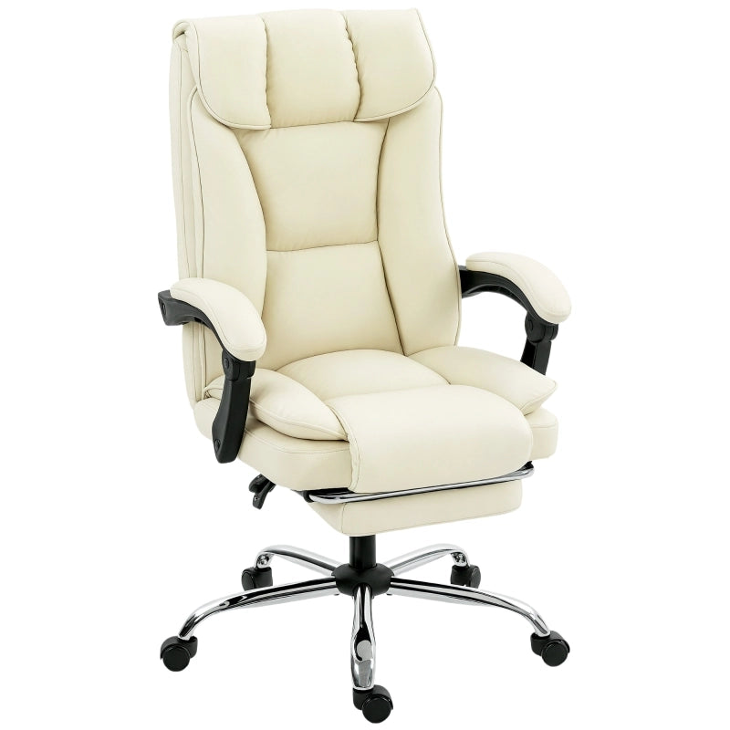 Sedia da ufficio ergonomica girevole con poggiapiedi, schienale reclinabile e ruote in pelle sintetica beige