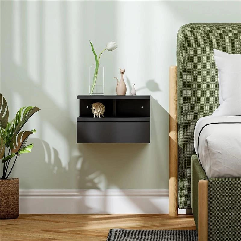 COMODINO SOSPESO PER CAMERA DA LETTO CON CASSETTO E MENSOLA IN LEGNO 35X32X22.5 CM NERO