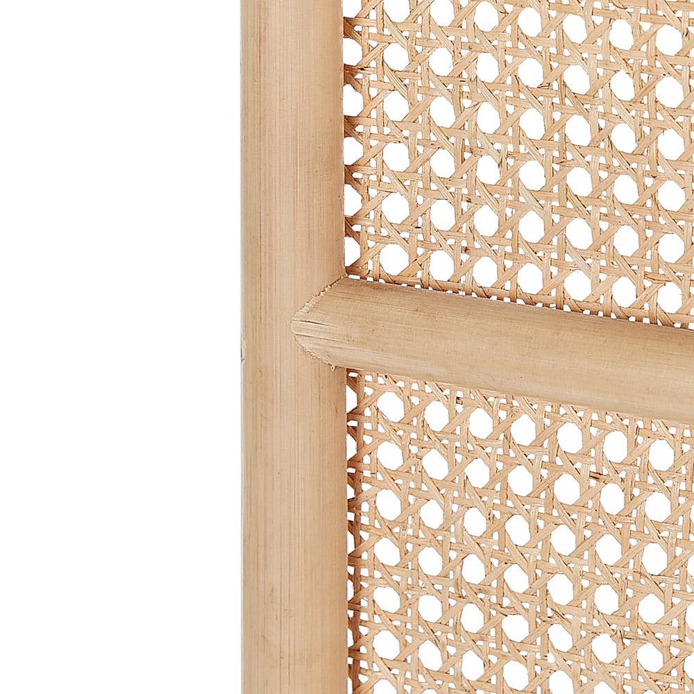 Divisorio per ambienti con telaio in rattan naturale e rete a 3 pannelli, schermo pieghevole e decorativo.