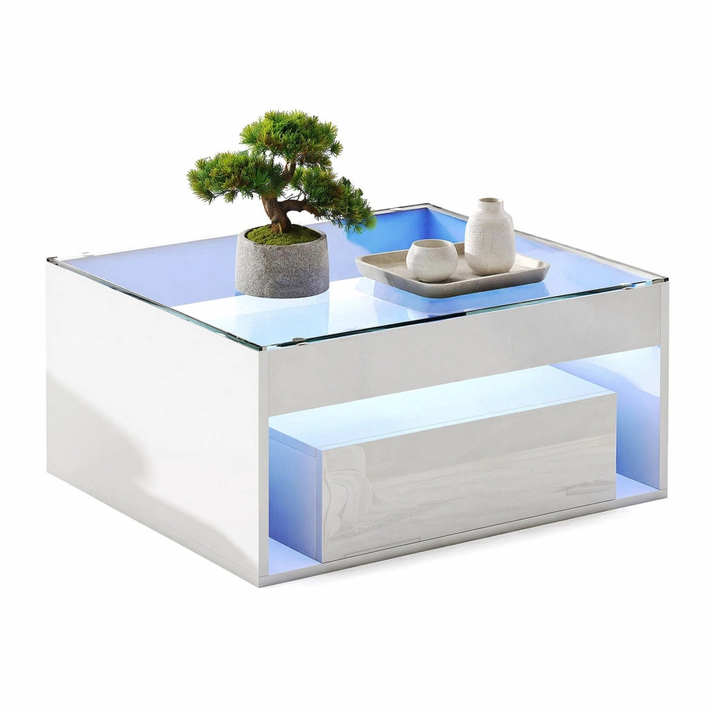 TAVOLINO DA CAFFÈ 70x70x35 cm Bianco in MDF e vetro temperato con LED
