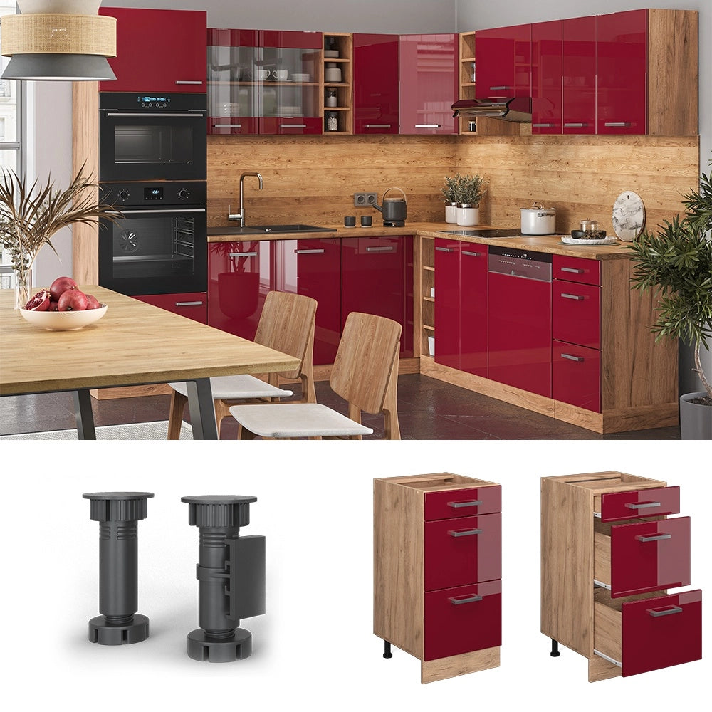 Mobiletto base per cucina R-Line Rosso lucido/Rovere dorato 40 cm con cassetti, senza piano di lavoro Vicco