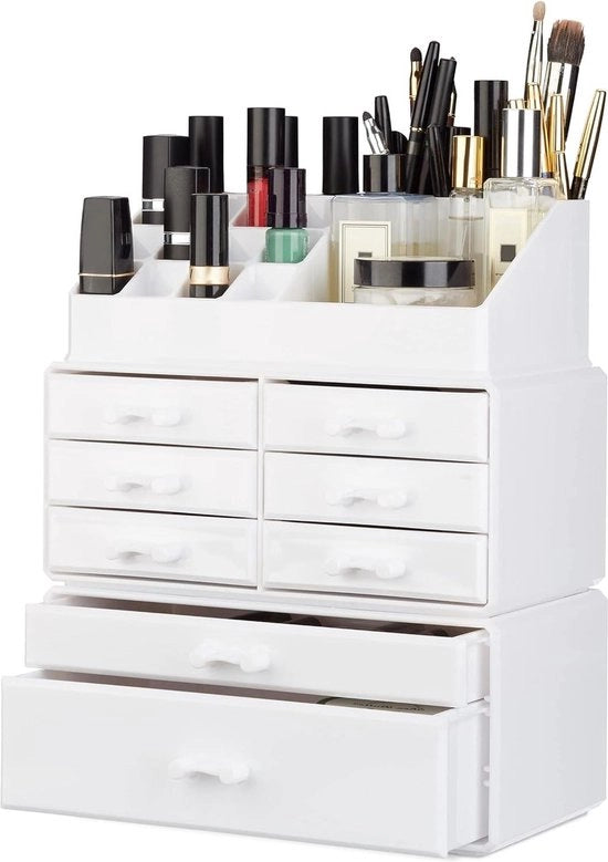 Organizzatore per trucchi - 8 ante - stivabile - acrilico - 16 contenitori - custodia per matite per labbra - sistema di archiviazione - bianco. conservazione della lacca per unghie