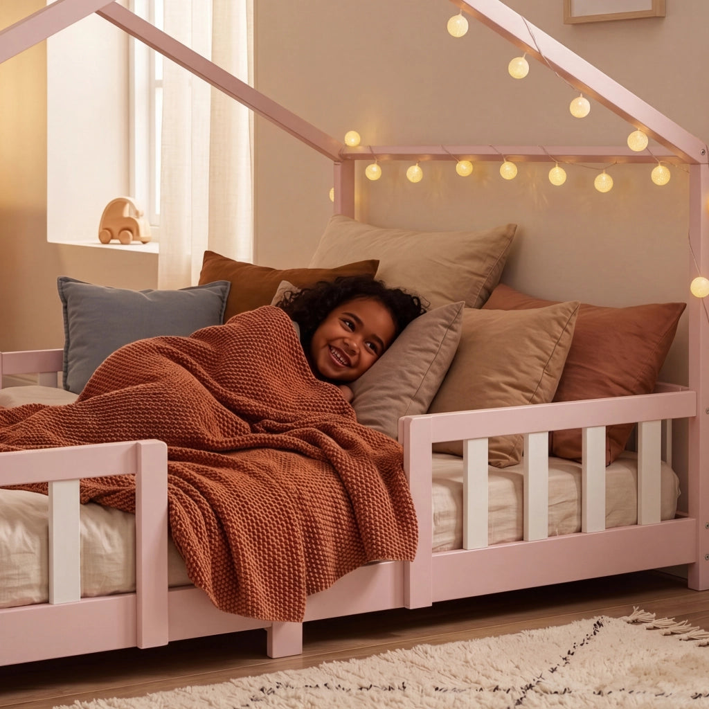 Letto per Cameretta Treviolo a Forma di Casetta in Stile Montessori 120x200 cm Rosa/Bianco [en.casa]