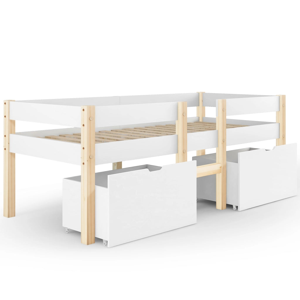 Letto semi-alto per bambini con cassetti e protezione anticaduta, pino massello, 90x190 cm, bianco