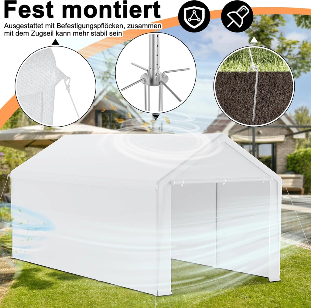 Carport, tenda da campeggio, 3 x 6 m, grande tenda da garage con pareti laterali rimovibili, resistente all'inverno, per auto, SUV, camion, bianco
