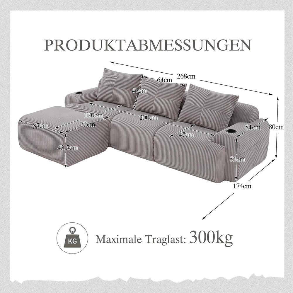 Canap¨¦ modulabile in velluto costato 3 posti - Xylo - Grigio chiaro con porta-bevande e tasche laterali