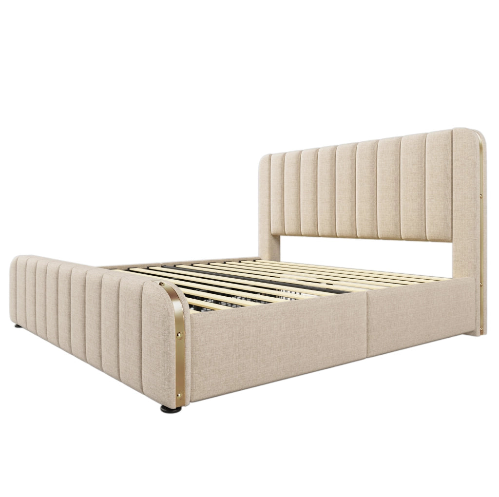 Letto matrimoniale imbottito ULEVR 180x200 cm con 4 cassetti, USB e Type-C, lino beige