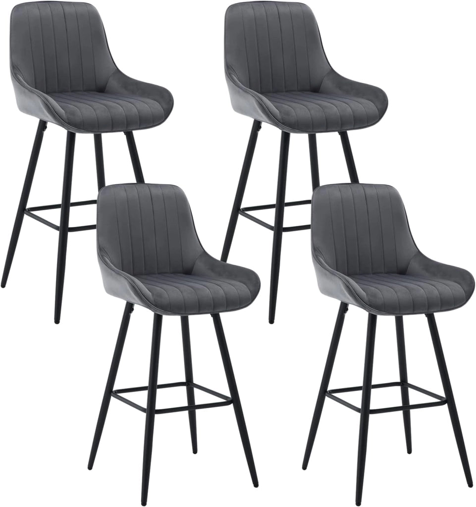 4 Sgabelli Alti da Bar con Schienale, Sedie Moderne con Poggiapiedi Quadrato, Sedie in Velluto Ergonomiche per Bistrot, Altezza Sedile 71cm, Gmabe in Metallo, Nero, BH394sz-4