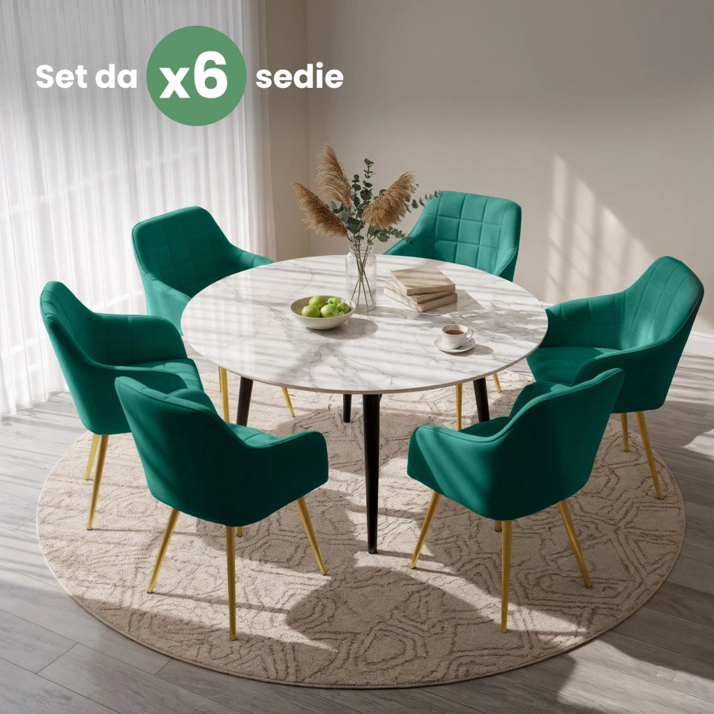 Set di 6 Sedie imbottite con cuciture quadrate LUXANO Verde Bottiglia gambe oro