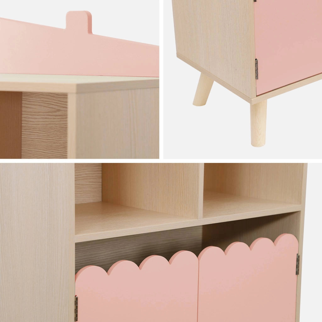 Biblioteca per bambini in legno di pino 2 porte e 4 scaffali, rosa