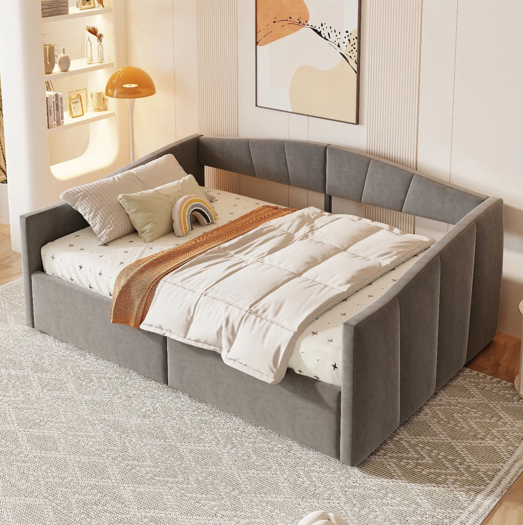 Divano letto 140x200 cm con contenitore; rete a doghe in velluto grigio