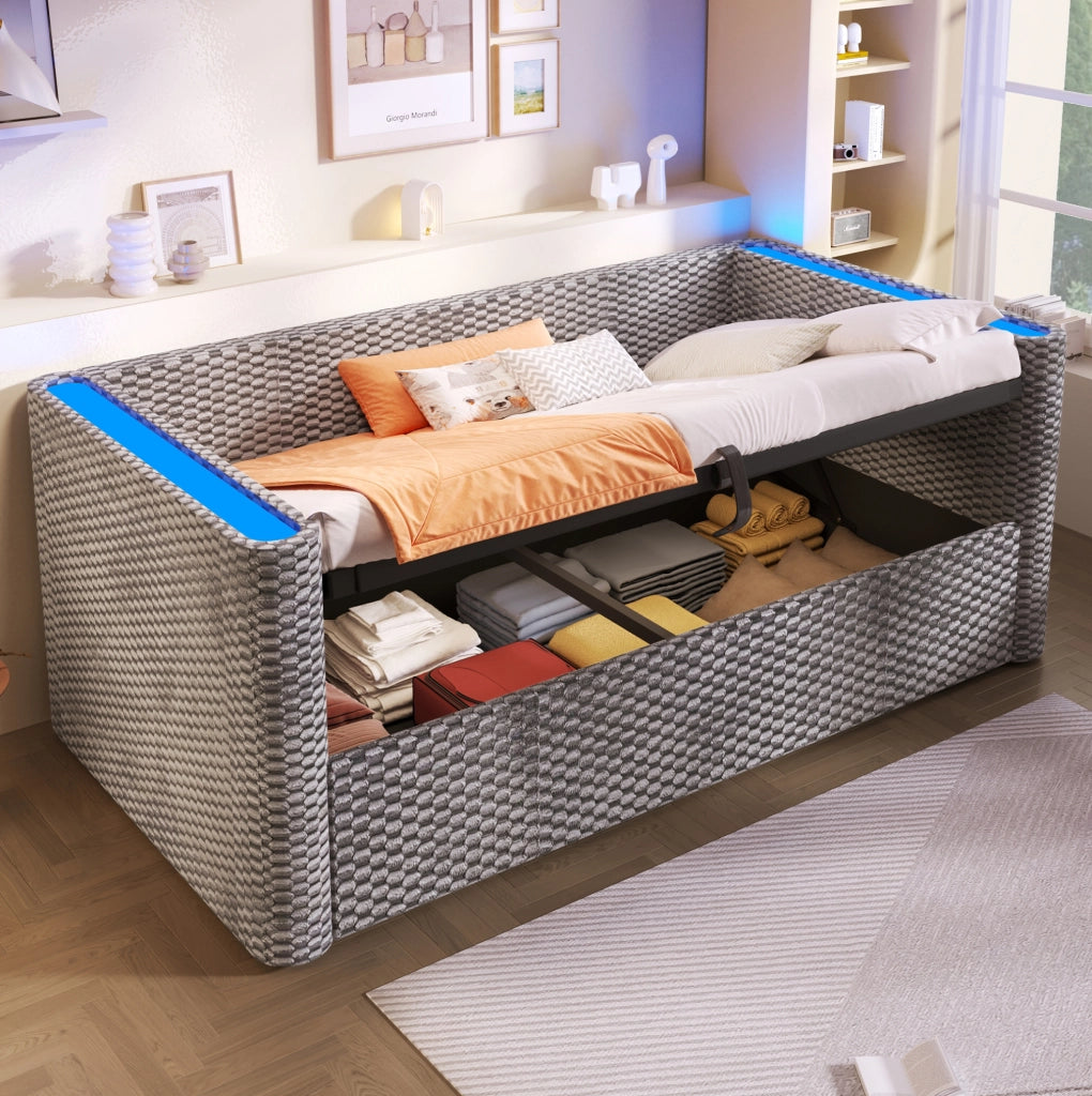 Divano letto 90x200 cm con contenitore idraulico e LED in velluto grigio