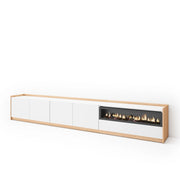 Mobile TV Soggiorno, 310x50x37 cm, Per TV fino a 80", Camino elettrico, Bianco e Rovere soft