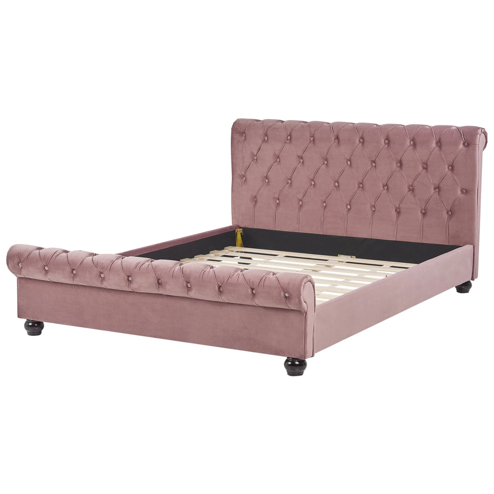 Letto Rivestimento in velluto rosa Gambe in legno Nero 160 x 200 cm bottoni Glam