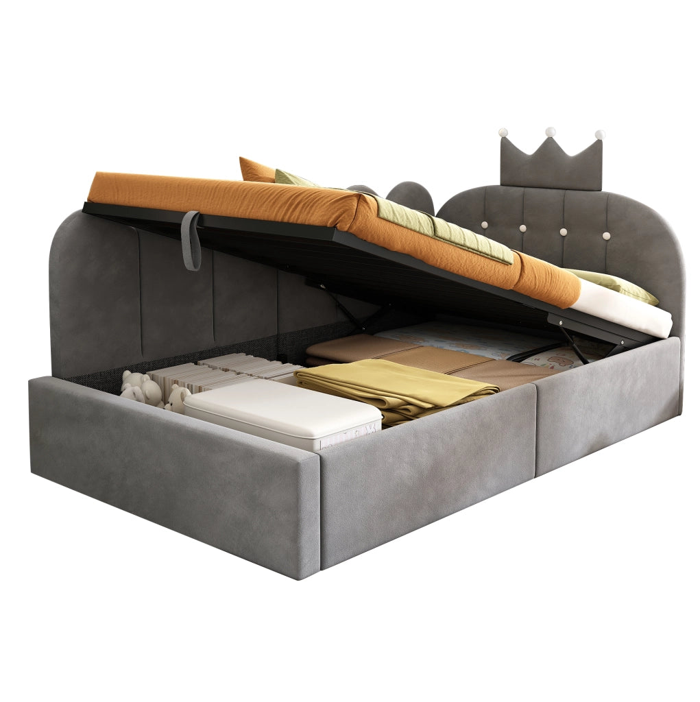 Letto daybed L-forma 90x190 cm in velluto grigio con contenitore e design a corona