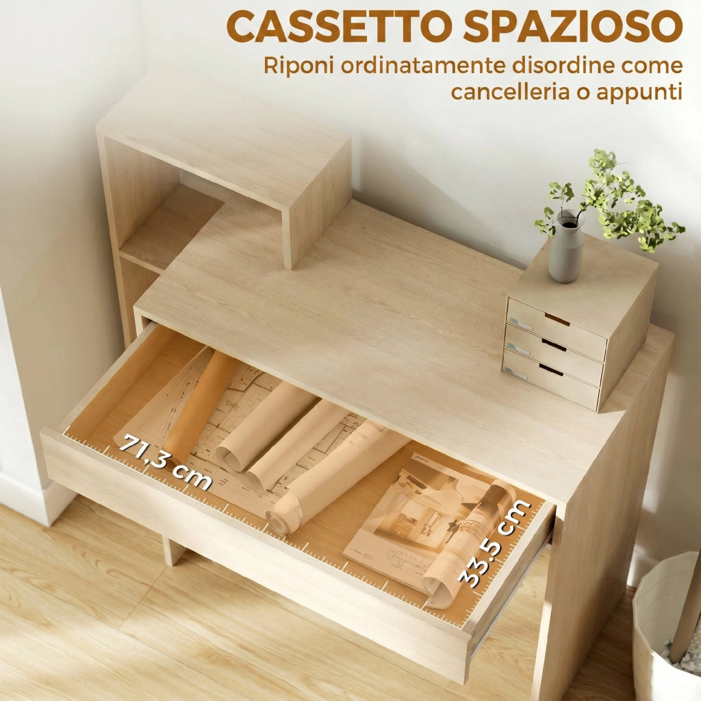 Scrivania PC Moderna con 3 Ripiani Aperti e Cassetto, in Legno, Color Legno, 100x40x90 cm