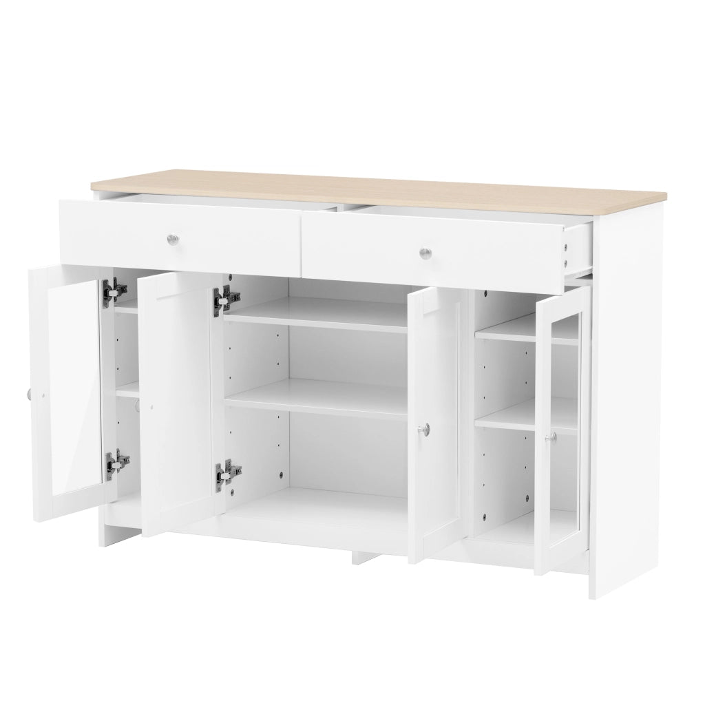 Sideboard rustico 120 cm con 2 cassetti; 4 ante e ripiani regolabili; bianco e legno