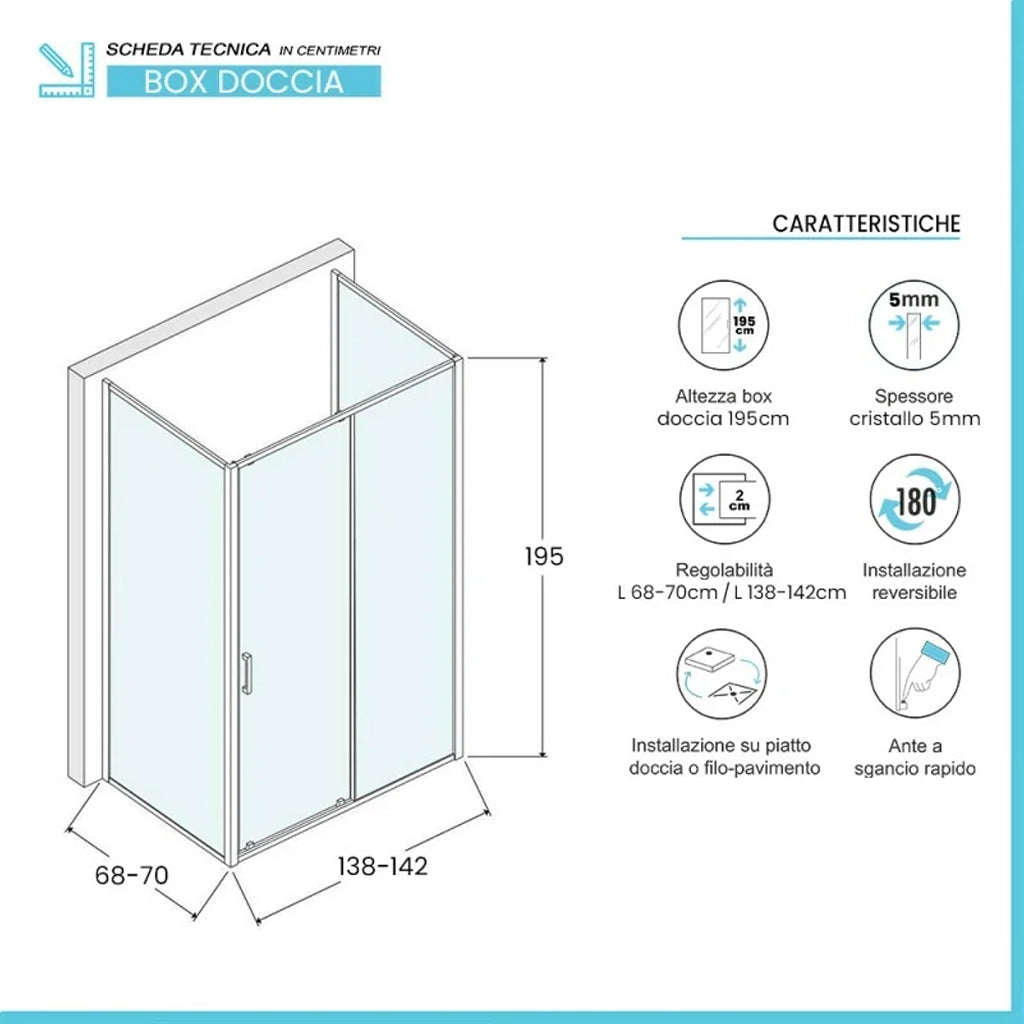 Box doccia 3 lati 70x140x70 in vetro temperato trasparente scorrevole con profili bianchi Tay