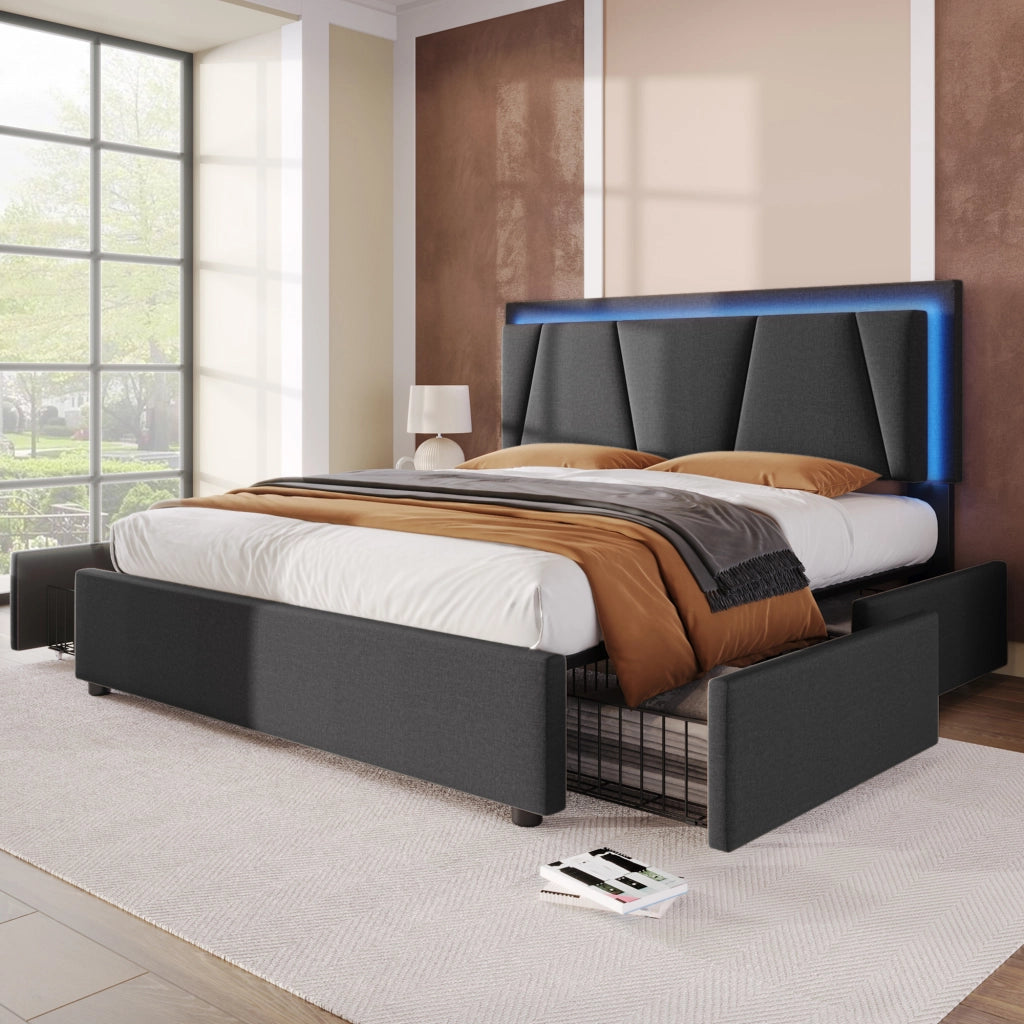 LETTO Imbottito 160x200 cm Grigio con materasso incluso, LED, 4 cassetti