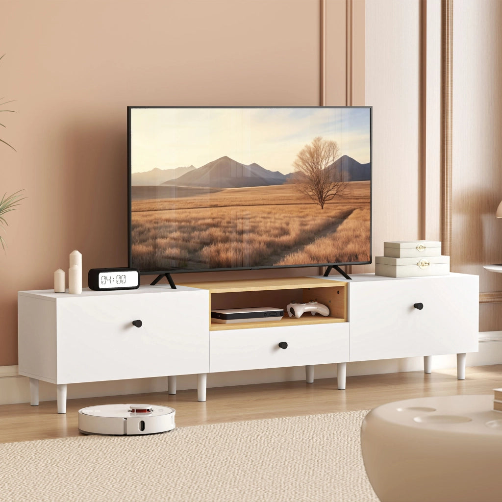 Mobile TV per televisore fino a 90 pollici con 2 ante e cassetto ¨C zephmum ¨C 200x35x45 cm bianco